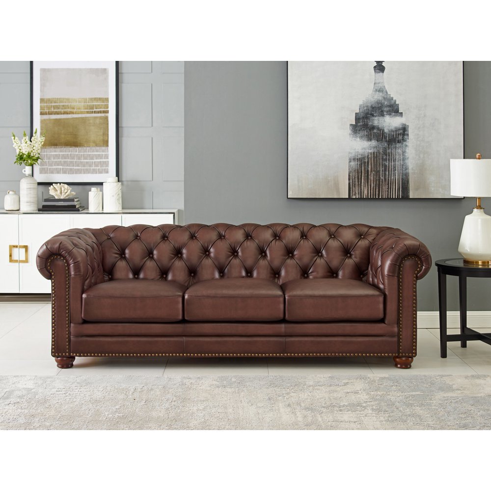 Hydeline Aliso 100 Leather Chesterfield Sofa Couch, 92", Brown