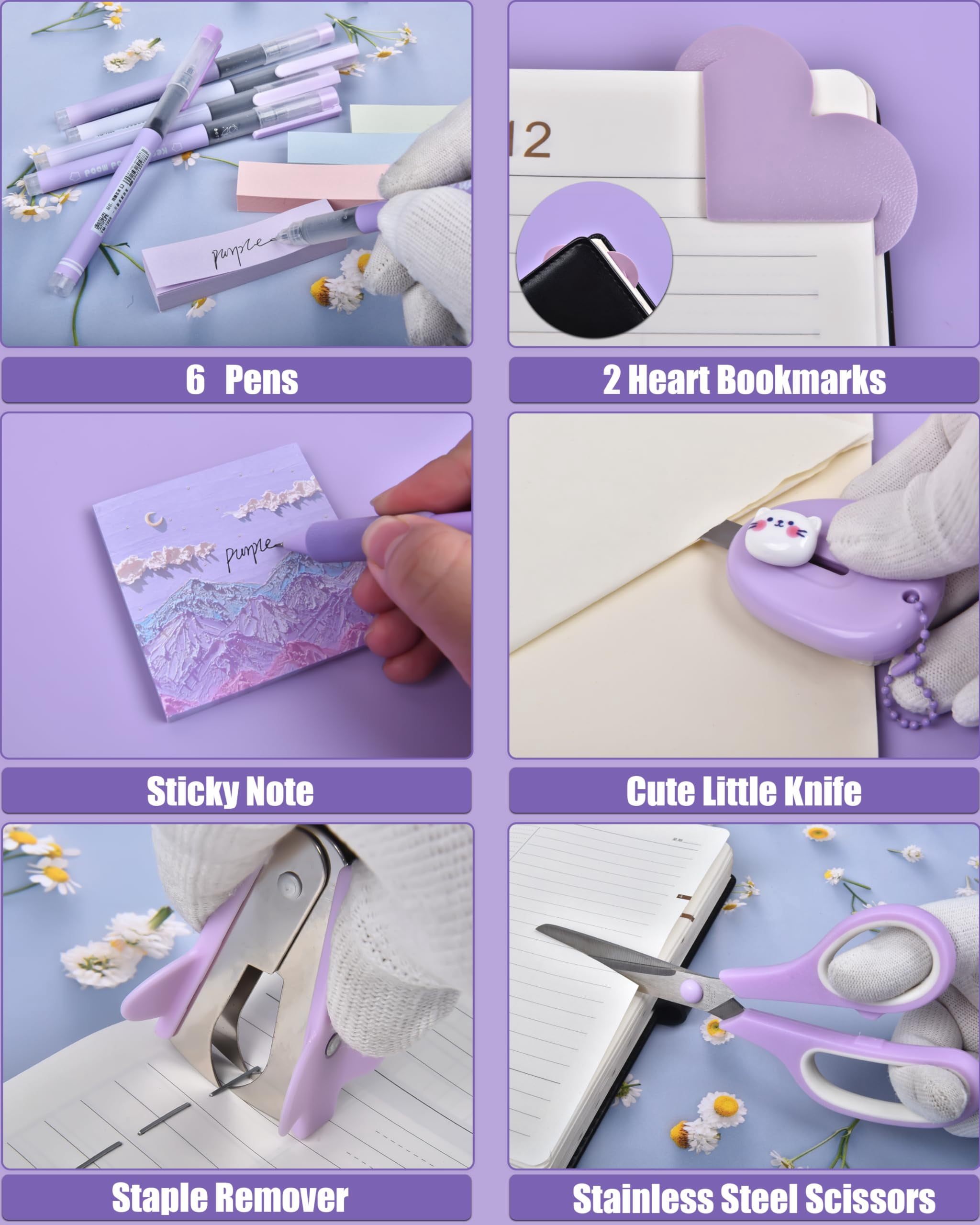 Purple Desk Accessories  26pcs Office Supplies And Organizers With Tape Dispenser Stapler Staple Remover Ect Gift Box Packaging