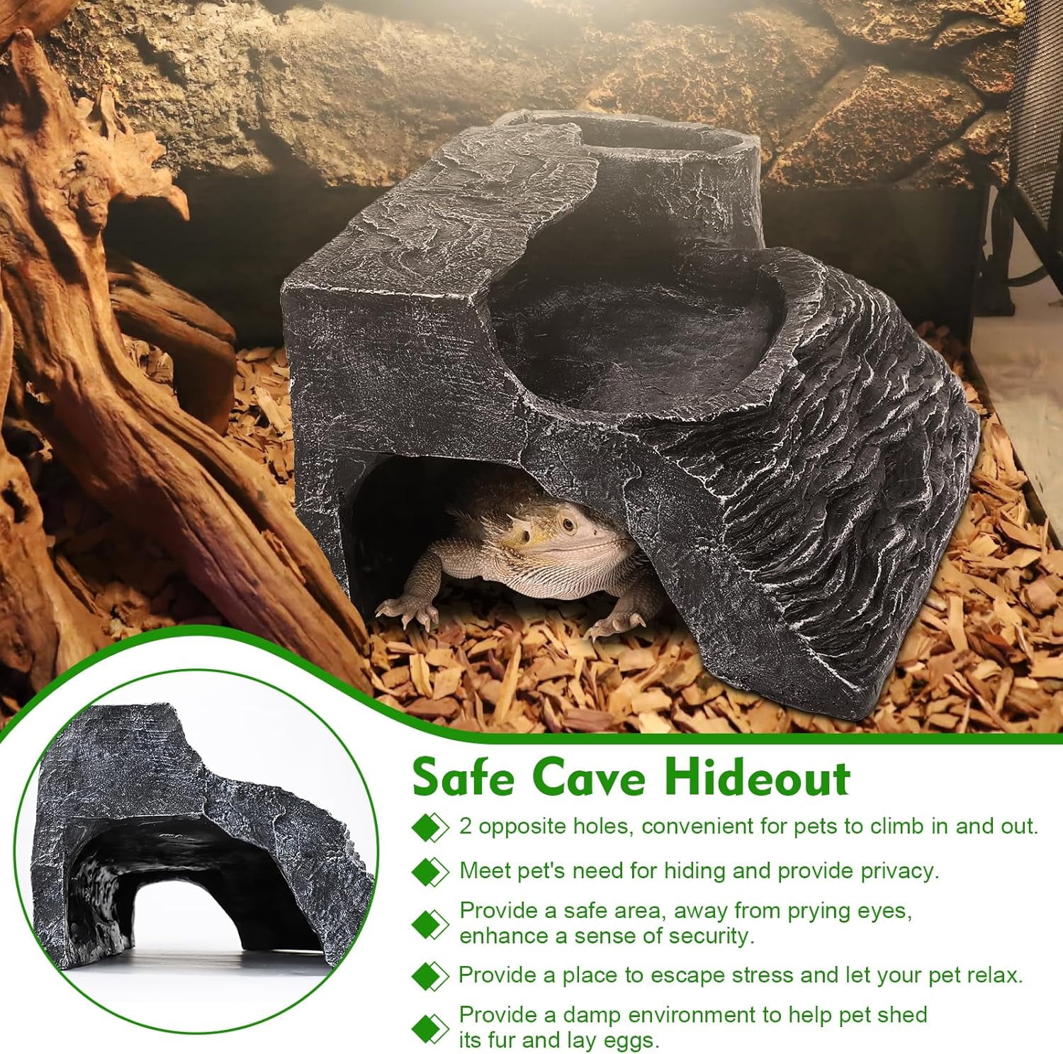 Bearded Dragon Tank Accessories Resin Basking Platform with Water Dish and Climbing Ramp Hide Cave