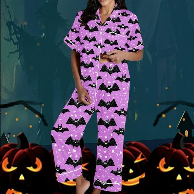 Pijama de manga corta con cuello vuelto para mujer, con bolsillos y estampado de Halloween, cintura elástica, de poliéster