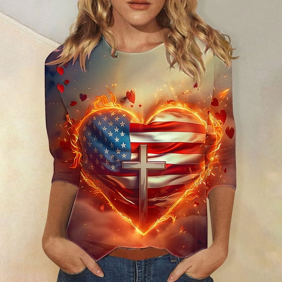 Cavosen Patriotic Shirts for Women Petite 4th of July 3/4 Sleeve Crew Neck Tops USA Flag Print T Shirts Lady XL Red White and Blue Casual Tops Funny Patriotic Tunic Tees 2025 Summer Patriotic Clothes