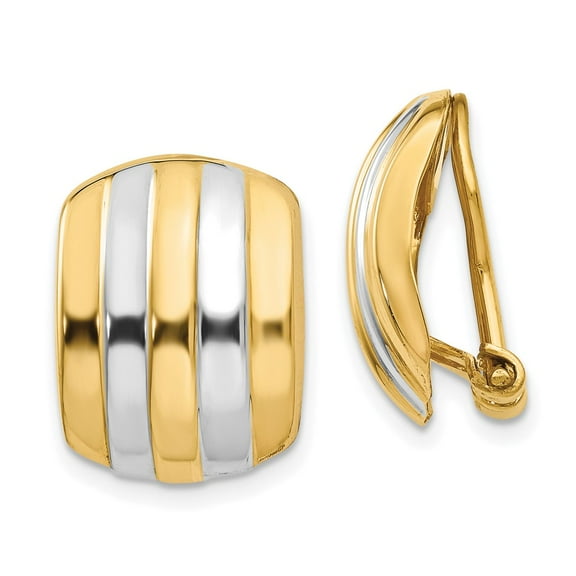 Primal Gold 14 Karat Yellow Gold and Rhodium Ribbed Non-pierced Omega Back Earrings