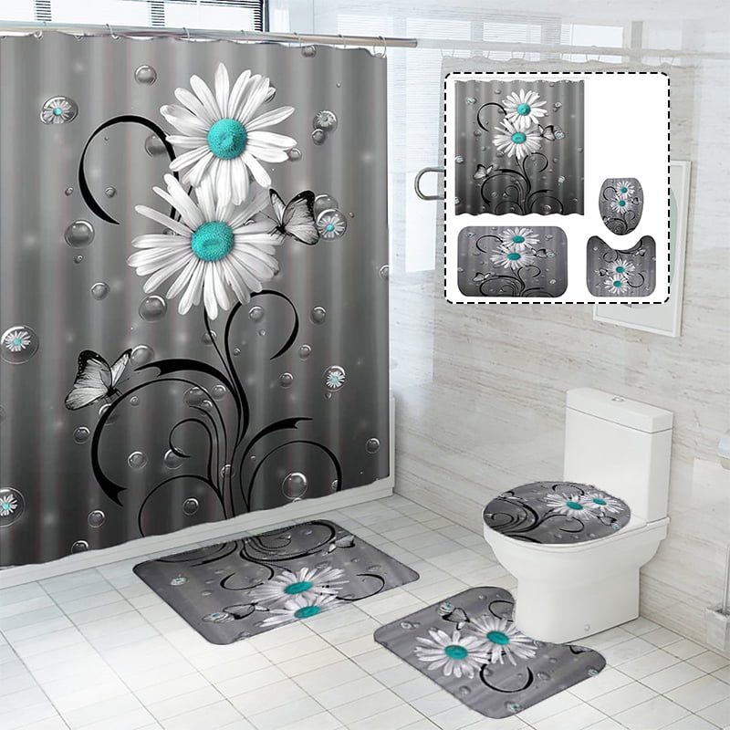 US Teal Gray Rose Shower Curtain Anti-Slip Bath Mat Pedestal Rug Toilet Cover 