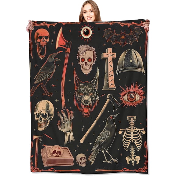 Vintage Gothic Horror Blanket,Creepy Goth Skeleton Skulls Bats Fun Throw Blankets,Gifts for Women Men, Lightweight Soft Fleece Cozy,for Couch Bed Room,Festival Halloween Decor,50x60in