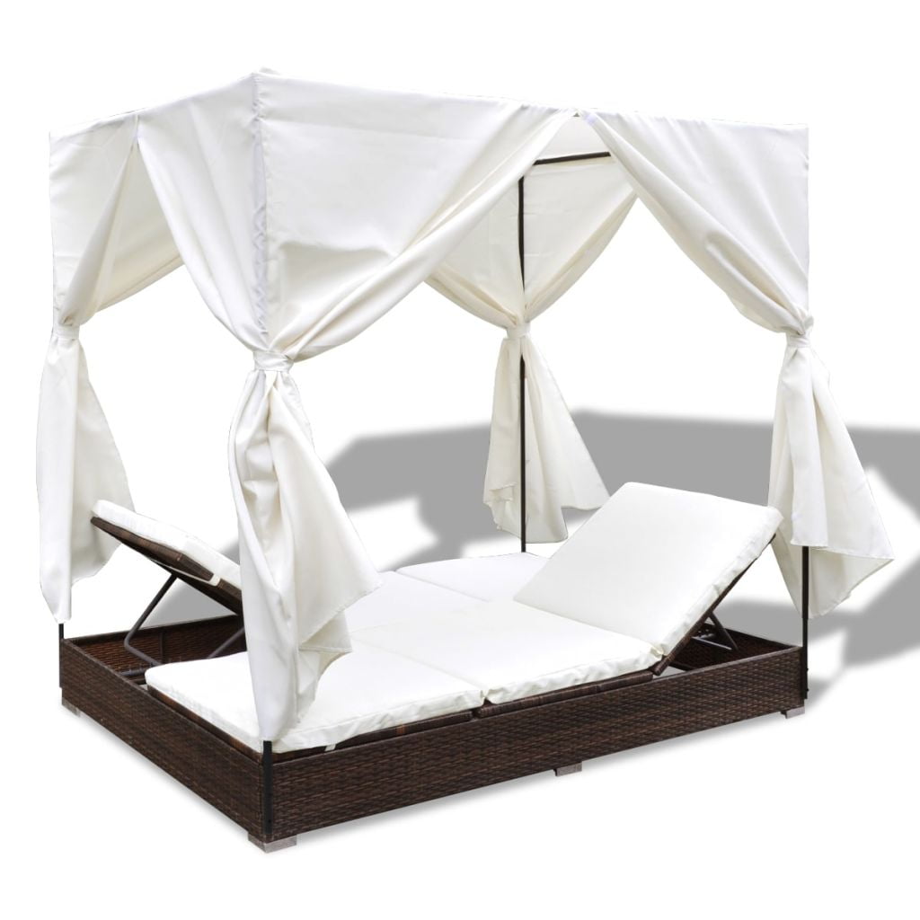 Kepooman Lounge Bed with Curtains and Washable Cushions for Garden Patio, Brown Kepooman Lounge Bed with Curtains and Washable Cushions for Garden Patio, Brown