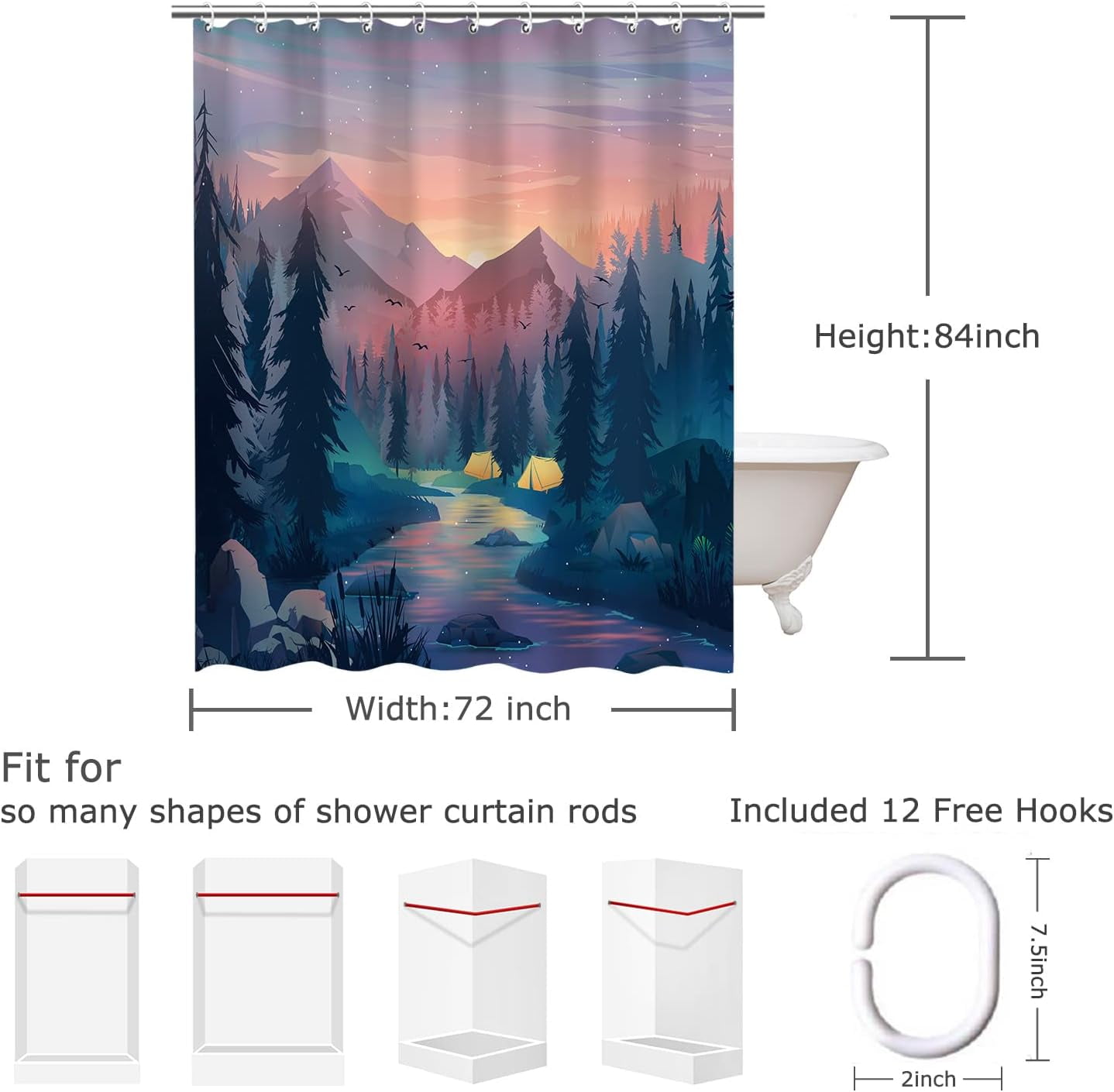 Stall Shower Curtain 36"x72" Inches Small Shower Curtain, Forest Mountain Shower Curtain Tree Shower Curtains for Bathroom, Nature Shower Curtain Hooks
