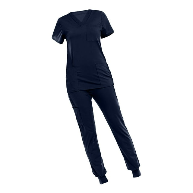 Conjunto de uniforme médico para mujer con múltiples bolsillos, cómodo y profesional, para enfermera. Azul oscuro