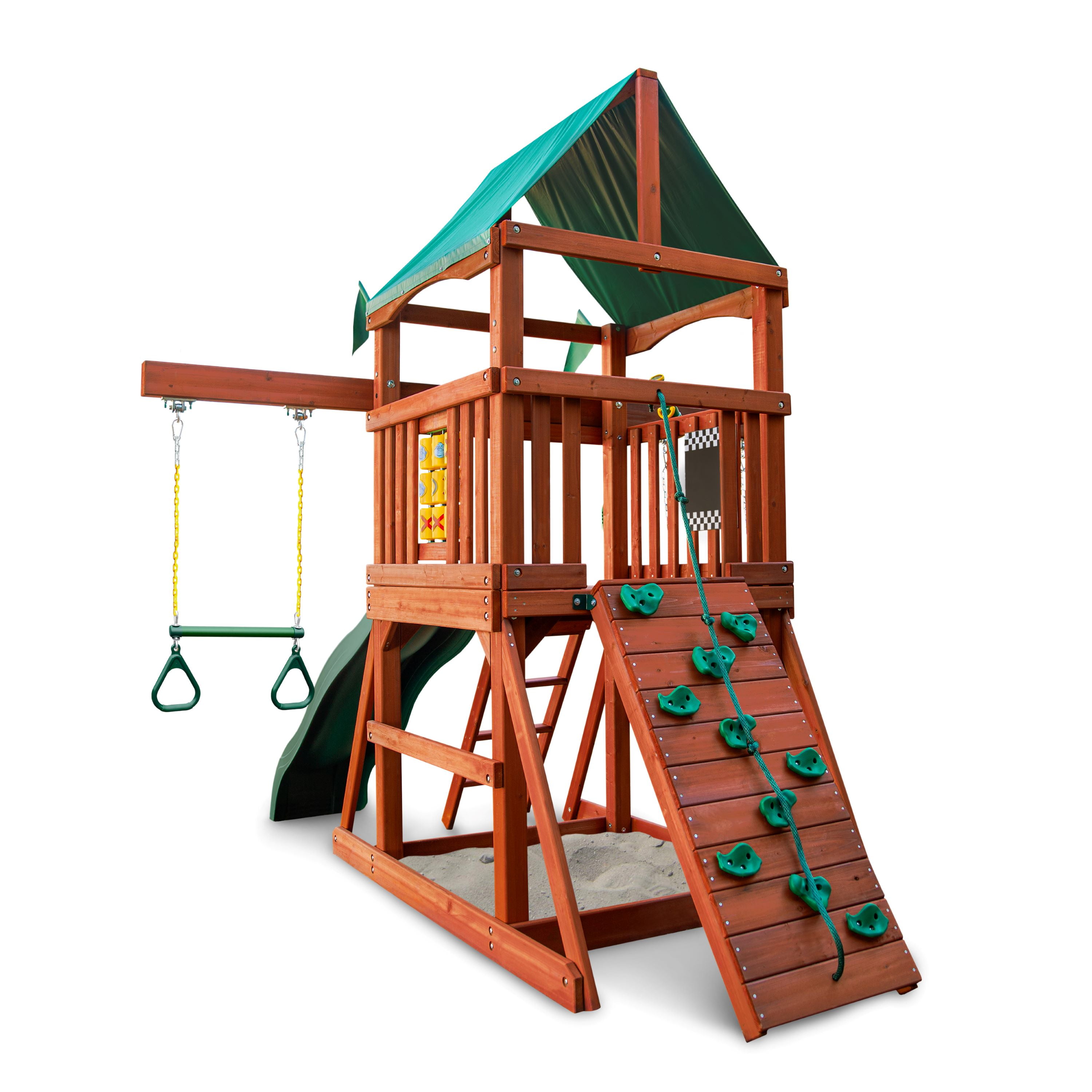 Gorilla Playsets 01-1102 Five Star II Space Saver Wooden Play Tower with Slide, Swings, Climbing Wall, and Tarp Roof