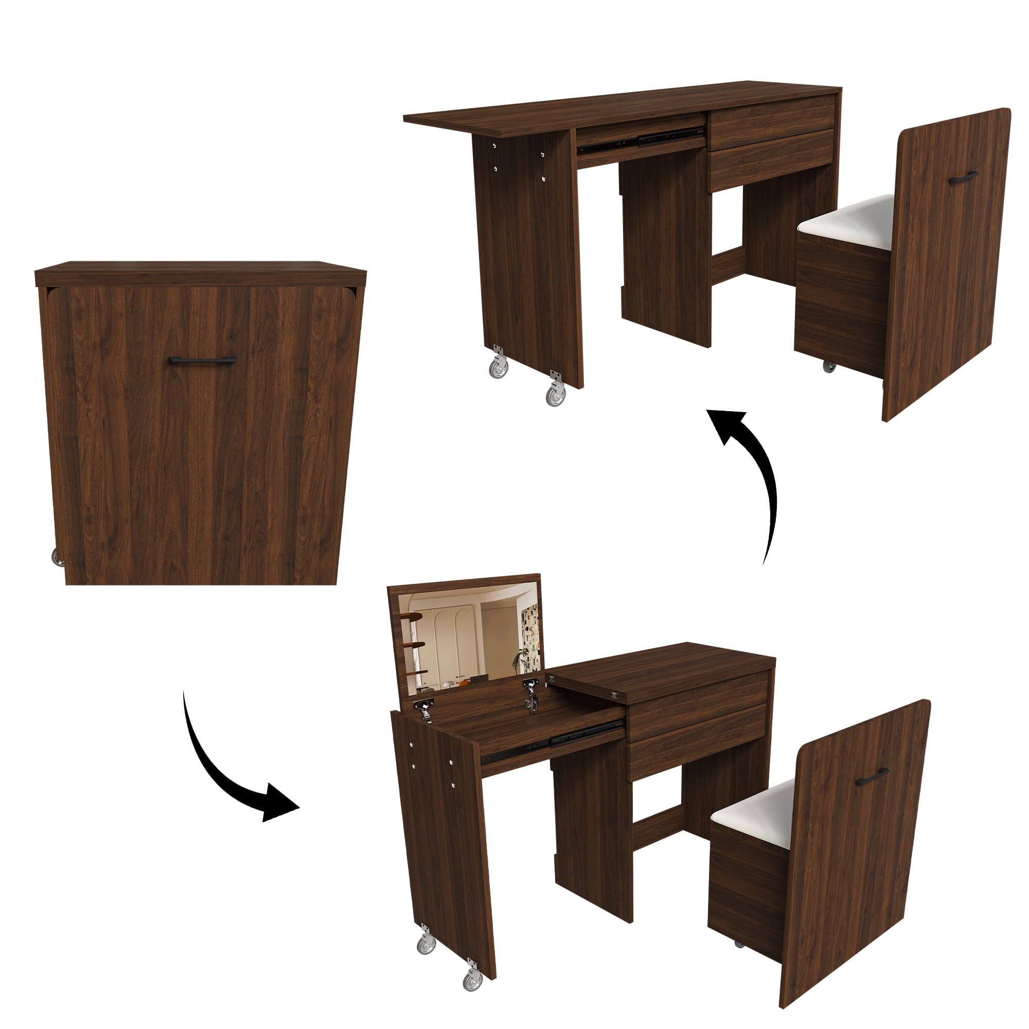 Multi-functional stretching desk, 47-inch foldable desk, makeup table with mirror, has 3 usage modes, equipped with storage function stool, suitable for bedroom, apartment (Walnut)