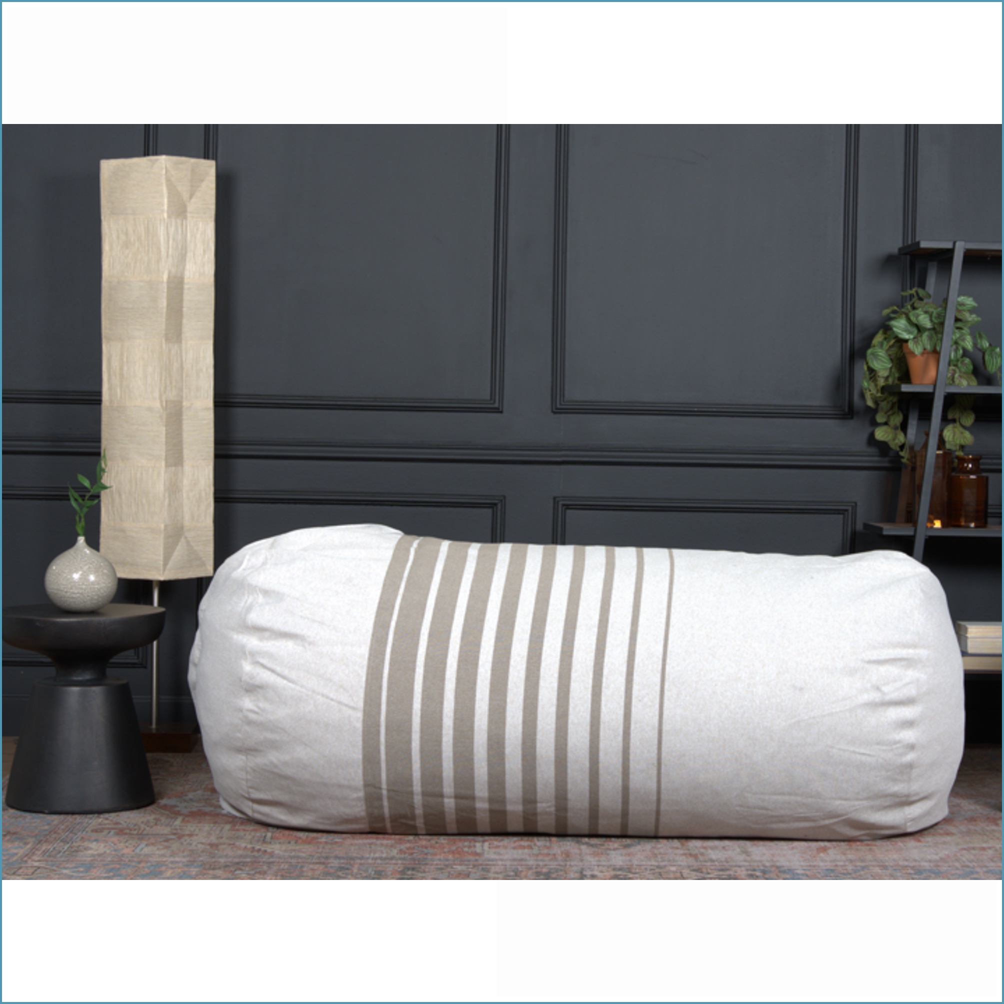 6.5ft Cylindrical Bean Bag Chair for Adults – Natural with Light Brown Stripes | Elongated | Fabric