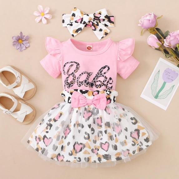 URMAGIC Infant Baby Skirt Set Leopard Print 3Pcs/set Romper+Tutu Skirt+Headband 0-18 Months