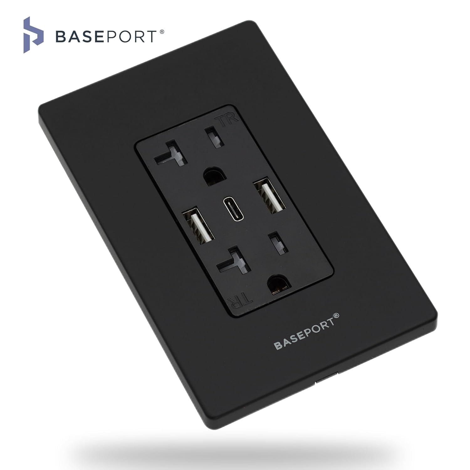 BASEPORT Wall Outlet with USB Ports, 125V 20 Amp Outlet, USB Outlets Receptacles, Single Gang, Black