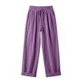 thumbnail image 5 of TtopsQueen Women Textured Loose Casual Pants, Elastic Drawstring High Waist Trousers with Side Pockets, Roll Cuff Breathable Vacation Wide Leg Beach Bottoms Purple,XL, 5 of 7