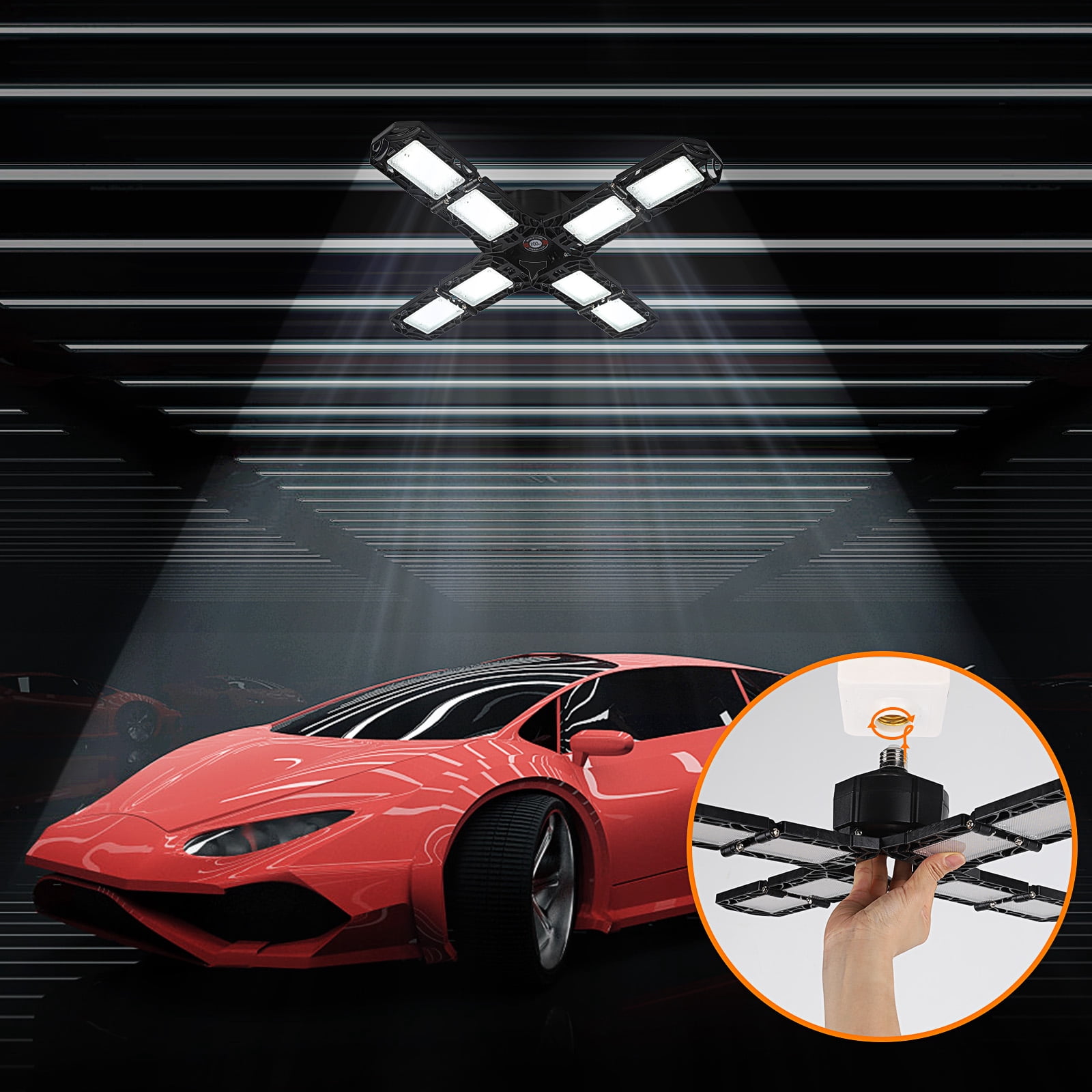 "2 Pack Garage Light ,150W Deformable LED Garage Light ,8 Adjustable Panels Commercial Bay Lighting,E26/E27 Base Shop Lights ,Garage Light Bulb, LED Lights for Garage Organization, Basement,Warehouse"