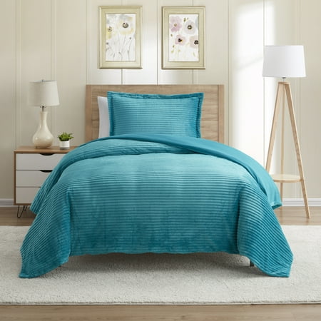 Nestl 2 Pc Cut Plush Reversible Duvet Cover and Sham Set with Zipper Closure & Corner Ties - 100% Soft Hypoallergenic Microfiber Decorative Comforter Cover Twin, Teal Blue