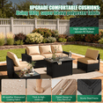 thumbnail image 7 of LazySunsets 7 Pieces Outdoor Wicker Patio Furniture Set, 8 Inch Widened Armrest Rattan Sectional Conversation Sofa with Beige Cushions & Fire Pit Table, All-Weather Backyard Garden Patio Set, 7 of 7