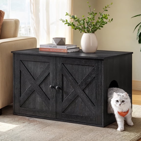 LEDREM Cat Litter Box Furniture Enclosure, Multi-Functional Hidden Washroom with Removable Divider for Indoor Cats,L, Ink Black