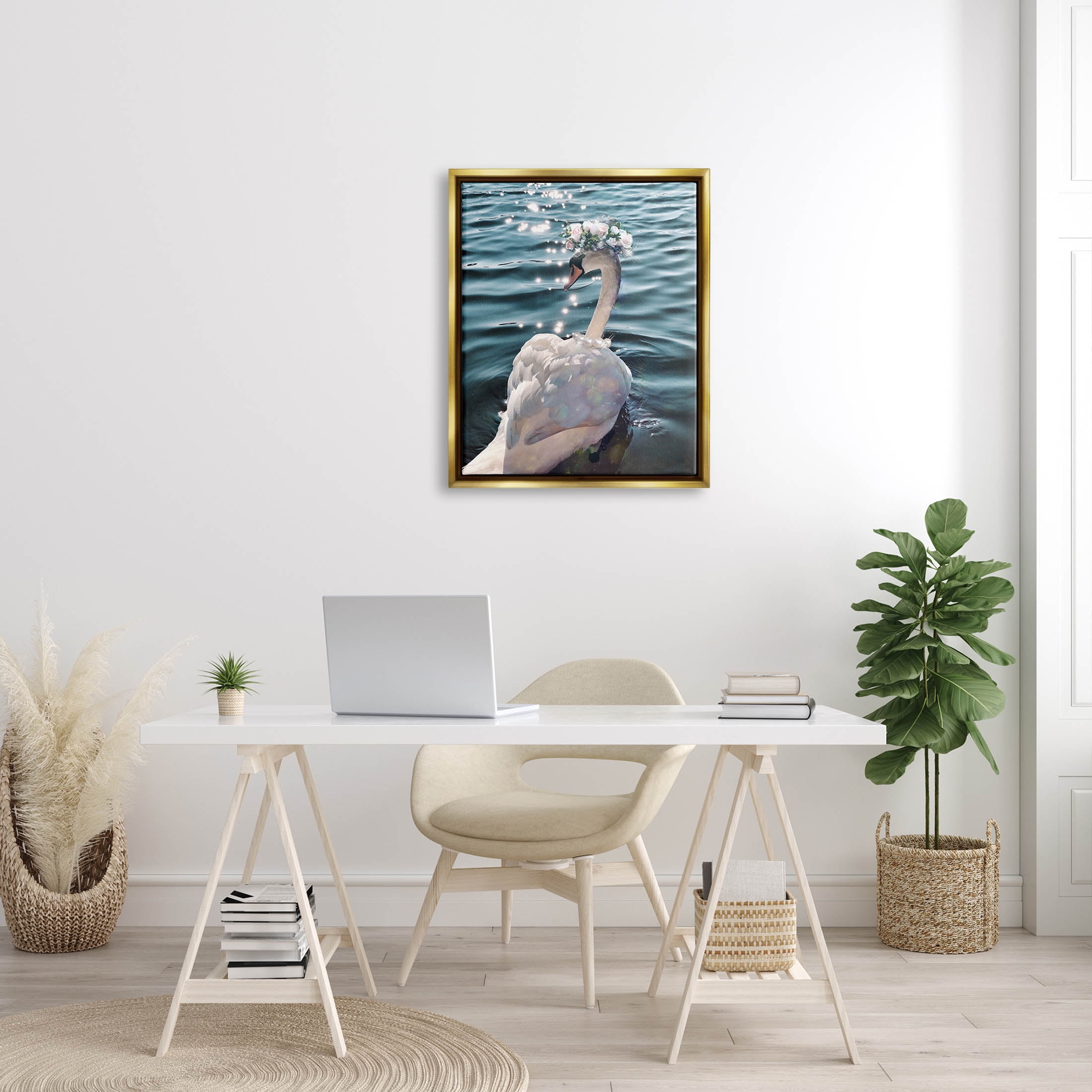 Flower Crown Swan Lake Ripples Animals & Insects Graphic Art Metallic Gold Framed Art Print Wall Art