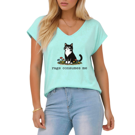 Giffimy Women's Rage Consumes Me Cat Print Blue S-5XL V-Neck Sleeveless T-Shirt Funny Cat Lover Tank Top