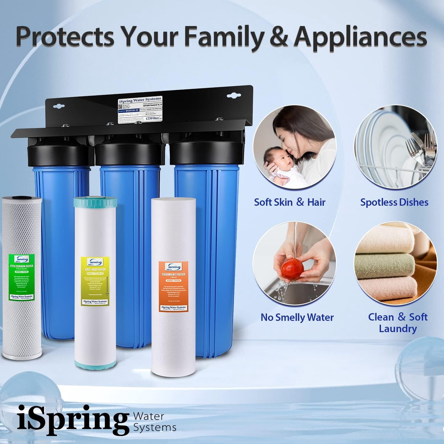 iSpring WGB32B-KS 3-Stage Whole House Water Filter System, 15 GPM, Removes Chlorine, Lead, Mercury, Hydrogen Sulfide & Heavy Metals, w/ F3WGB32BKS Replacement Filter Set