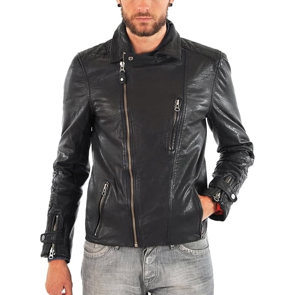 Mens Leather Jacket Slim Fit Biker Motorcycle Black Genuine Lambskin Jacket Coat A900