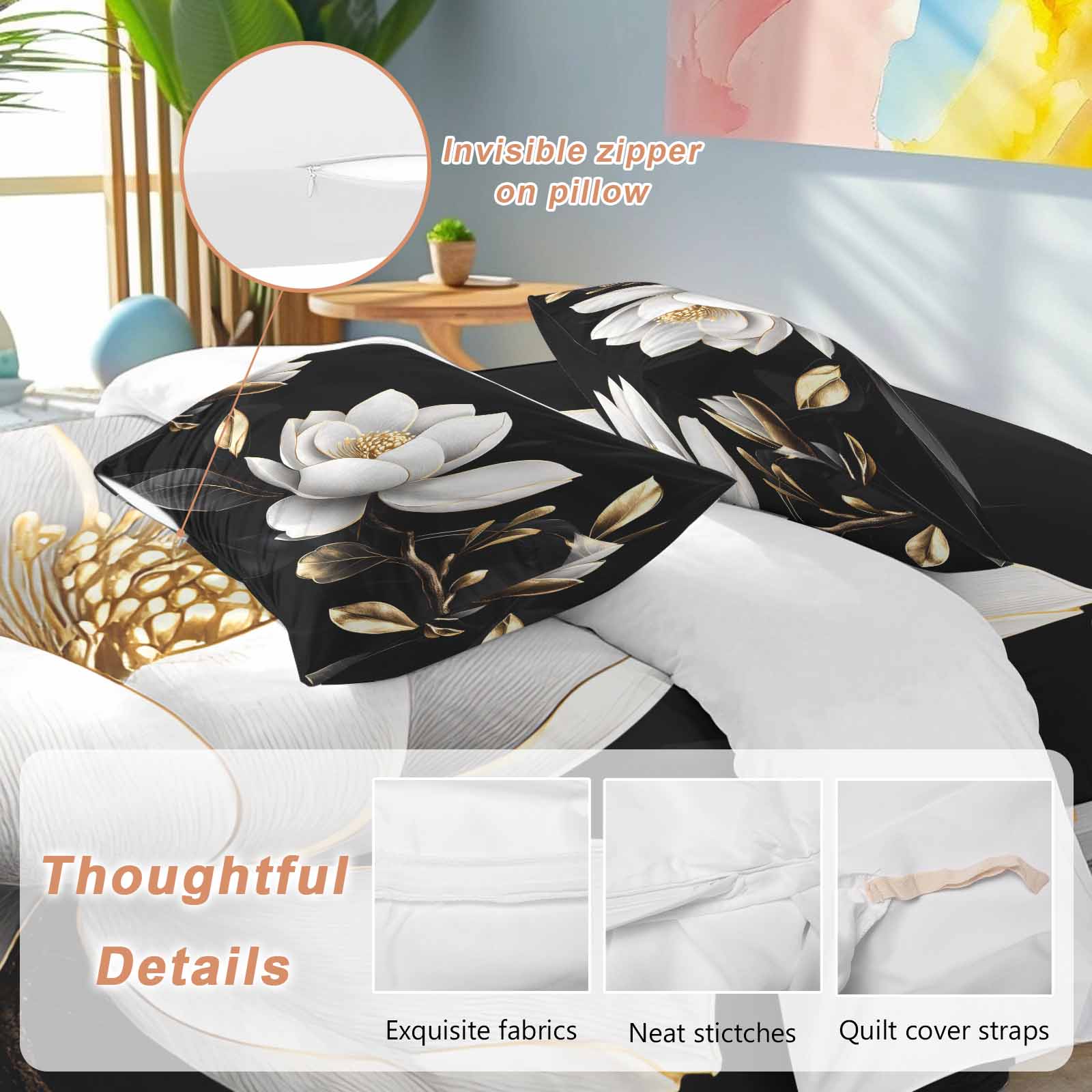 Gorgeous Flowers Duvet Cover Set, White Gold Floral Botanicals Black Soft Duvet Cover Queen Size Bedding Set 4 Pieces, 1 Quiltcover and 2 Pillowcases with Zipper, 1 Bed Sheet for All Seasons
