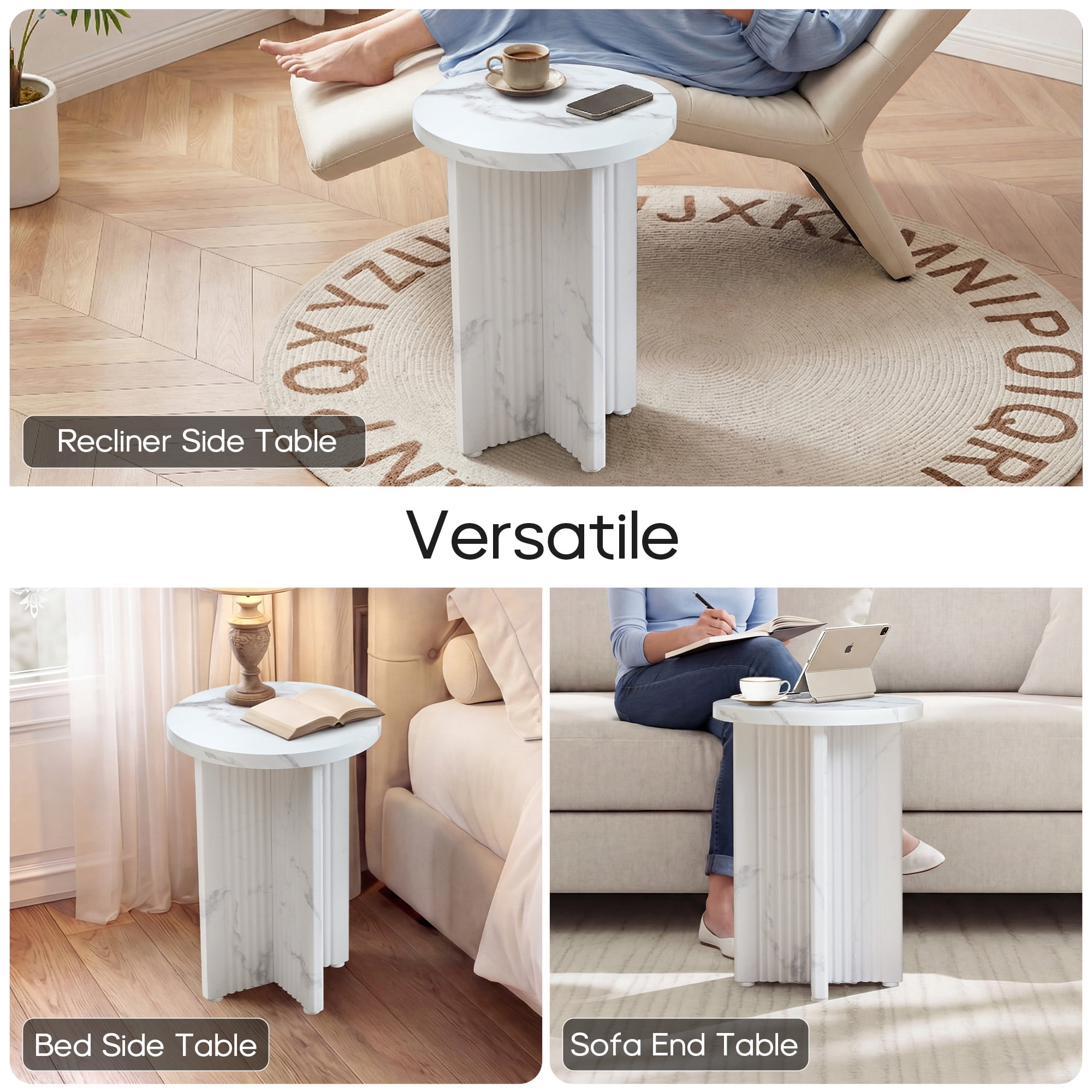 YOCWO Round Small End Tables for Living Room with Wave Base, Mordern MDF Side Table for Bedroom Small Space with Marble Veneer Finish, White