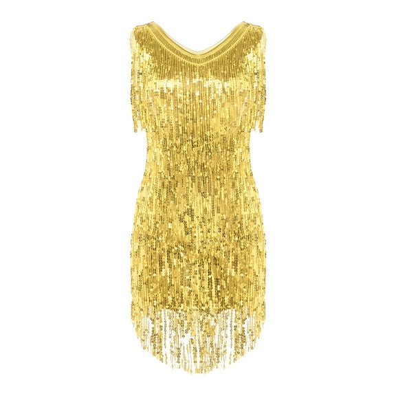 vastwit Womens Sequin Tassel Flapper Dress Sleeveless Fringed Latin Salsa Ballroom Dance Dress Gold XX