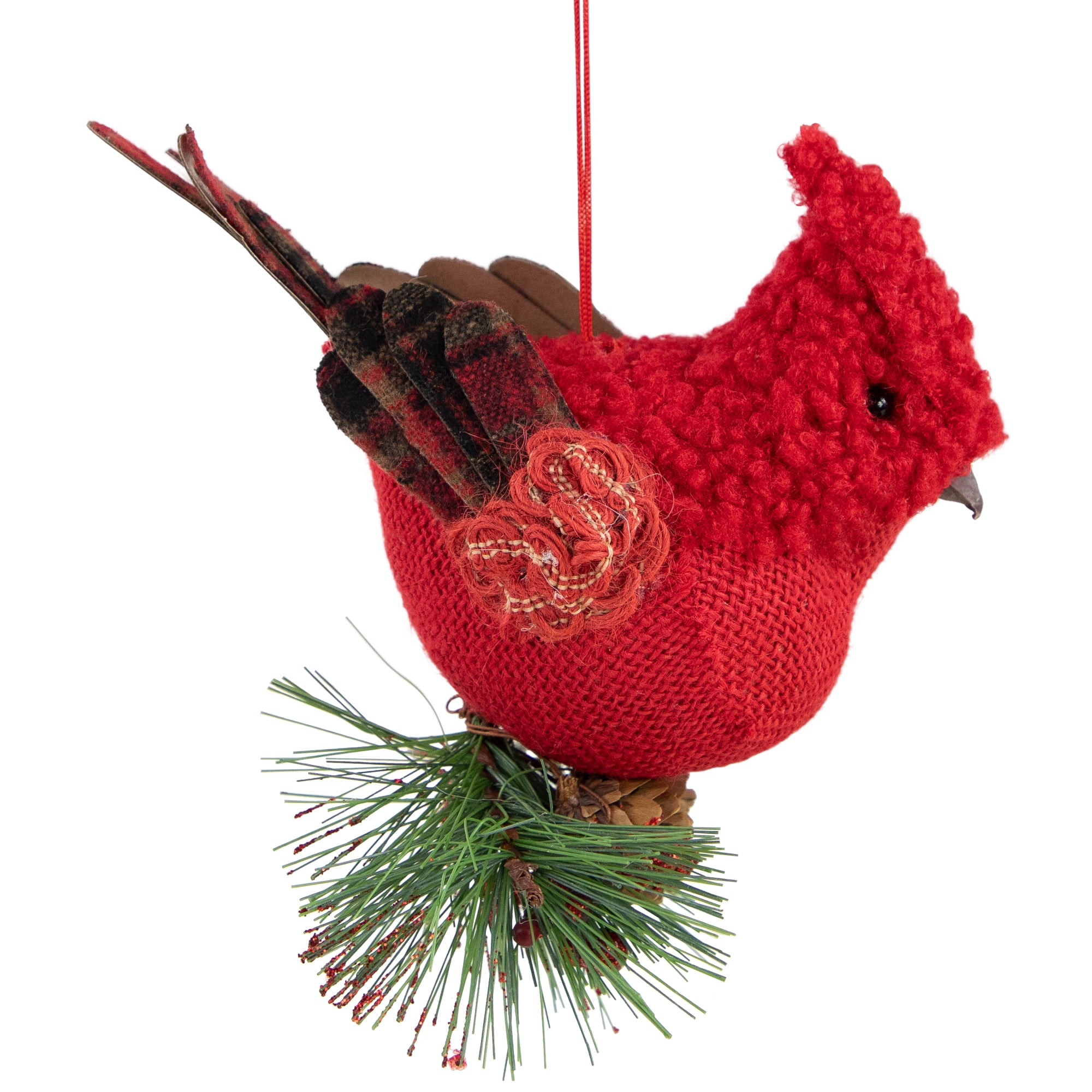 4.75" Burlap and Plaid Cardinal on Pine Sprig Christmas Ornament