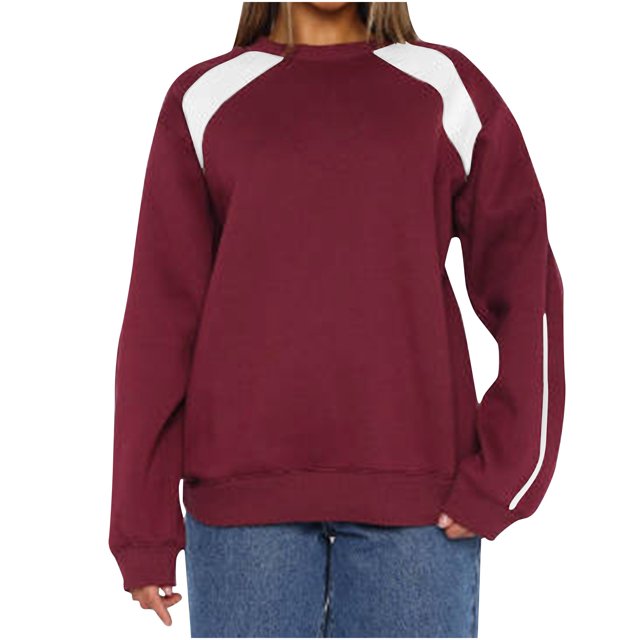 Penkiiy Chandails en Molleton pour Femmes Col Rond Manches Longues Coupe Ample Mode 2024 m Rouge