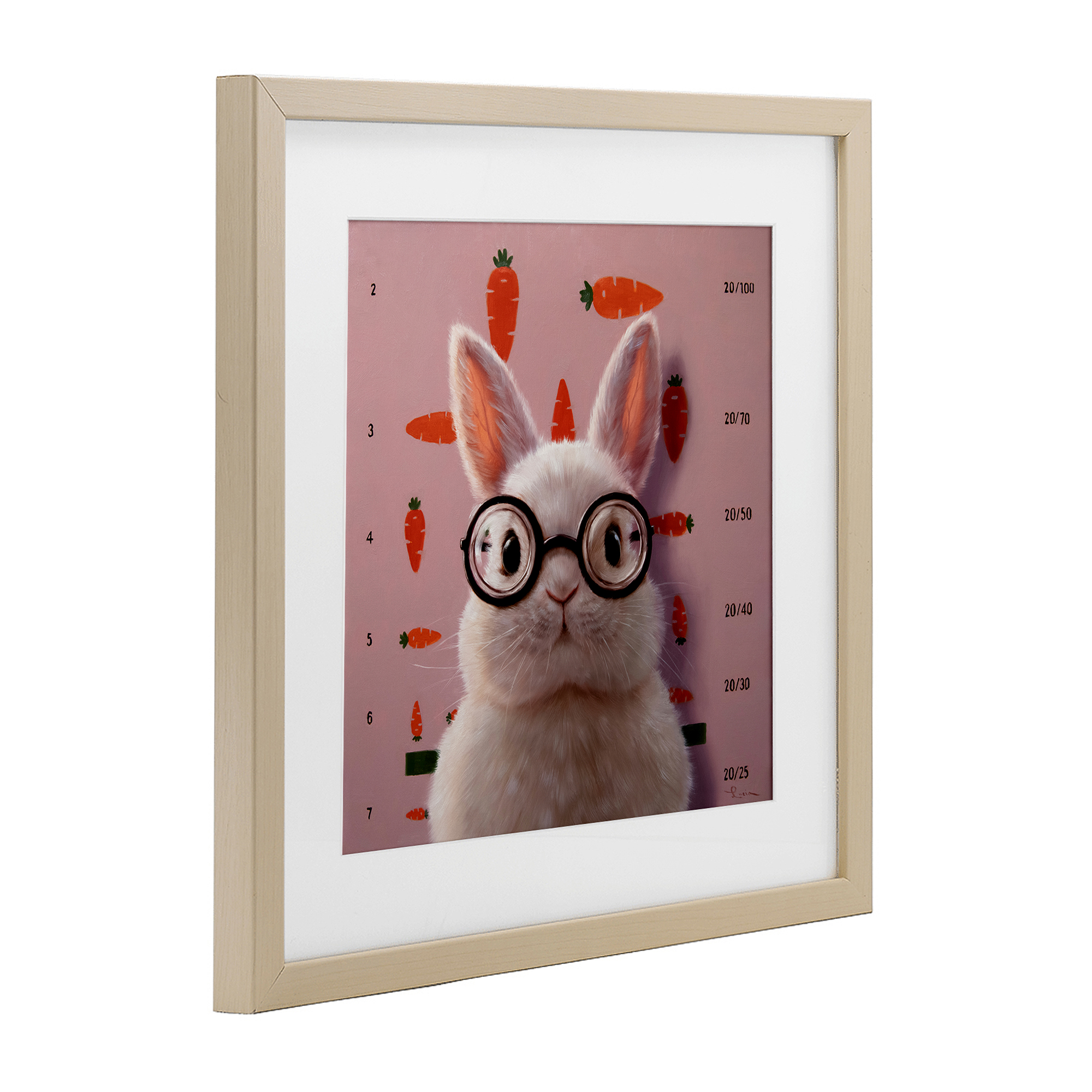 Bunny & Carrots Eye Exam Birch Framed Print Under Glass, design by Lucia Heffernan