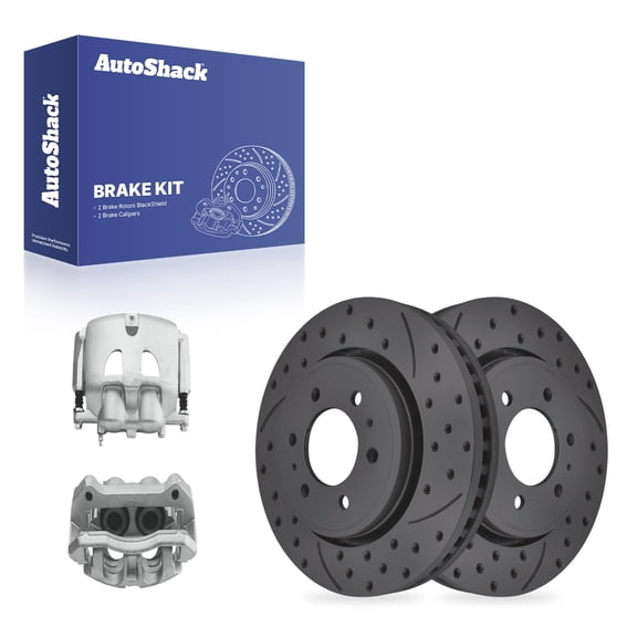 AutoShack Front Vented Drilled & Slotted Coated Brake Rotors Black Matte Finish   Calipers 4-PC Brake Kit Replacement for 2010-2011 Ford F-150 2010-2021 Ford Expedition BlackShield 13.78" (349.9 mm)