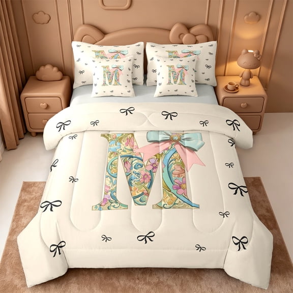 Catabedysis Rainbow Cute Bows 7-Piece Twin Bedding,Bowtie Monogram Print M Bedding Comforter Set,Light Gray Reversible For Girls