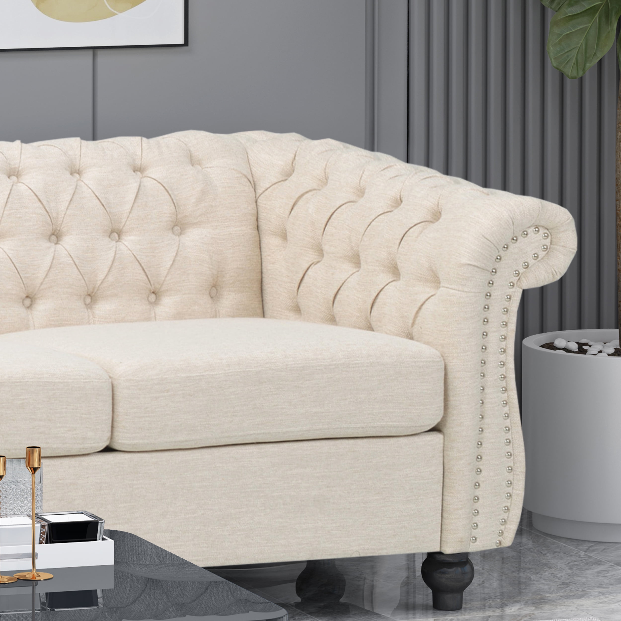 Noble House Augus Fabric Tufted 3 Seater Sofa, Beige, Dark Brown