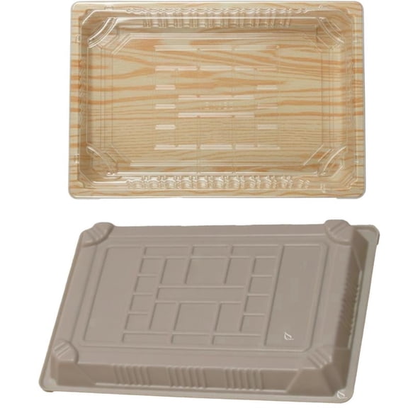 Sushi Takeout Container with Clear Lid 9.25 x 5.75 Inches – Rectangular Wooden Design Food Container Disposable Sushi Tray To Go Box – for Restaurants, Supermarkets, Catering, Party and Events (50)