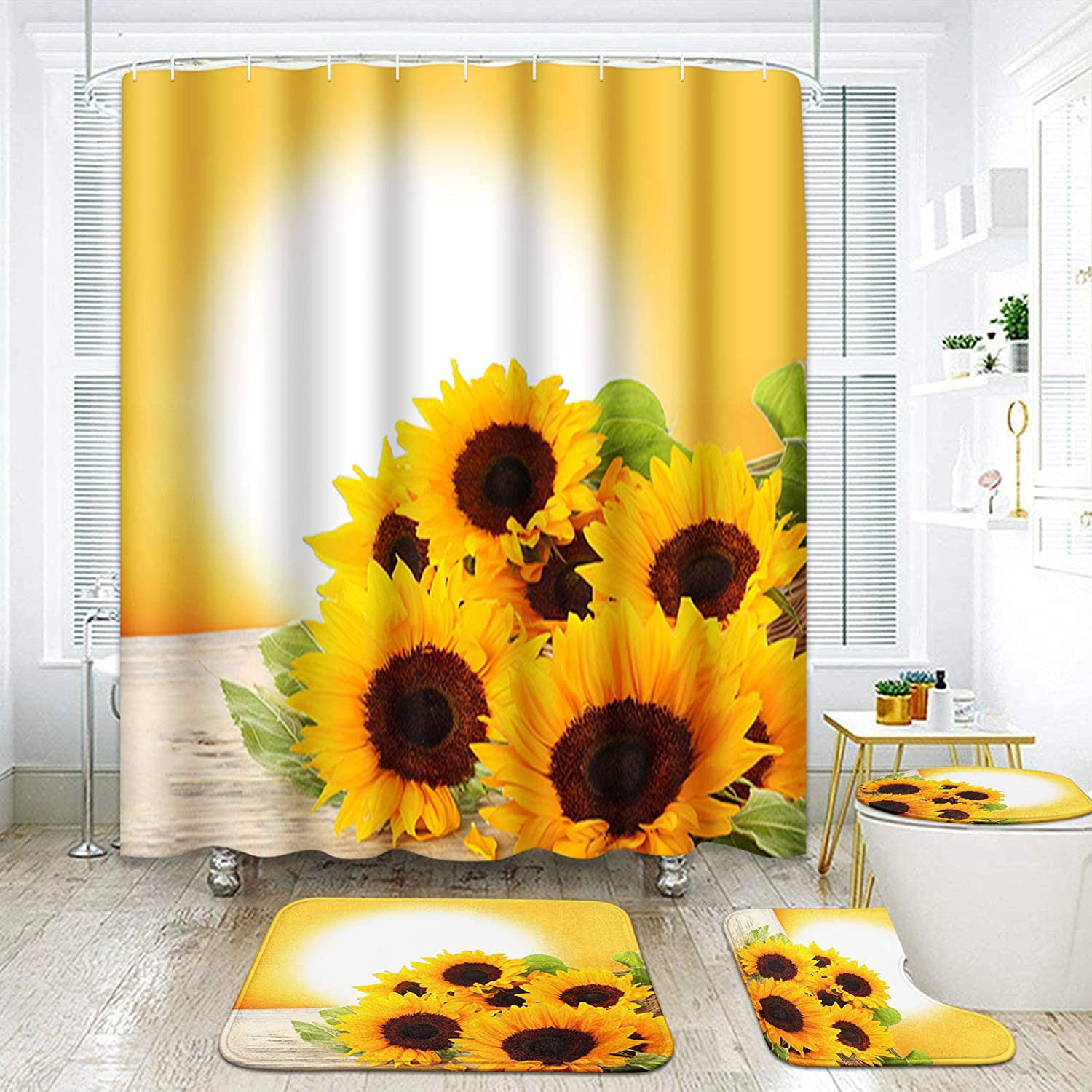 Golden Sunflower Shower Curtain Bath Mat Toilet Cover Rug Bathroom Decor 