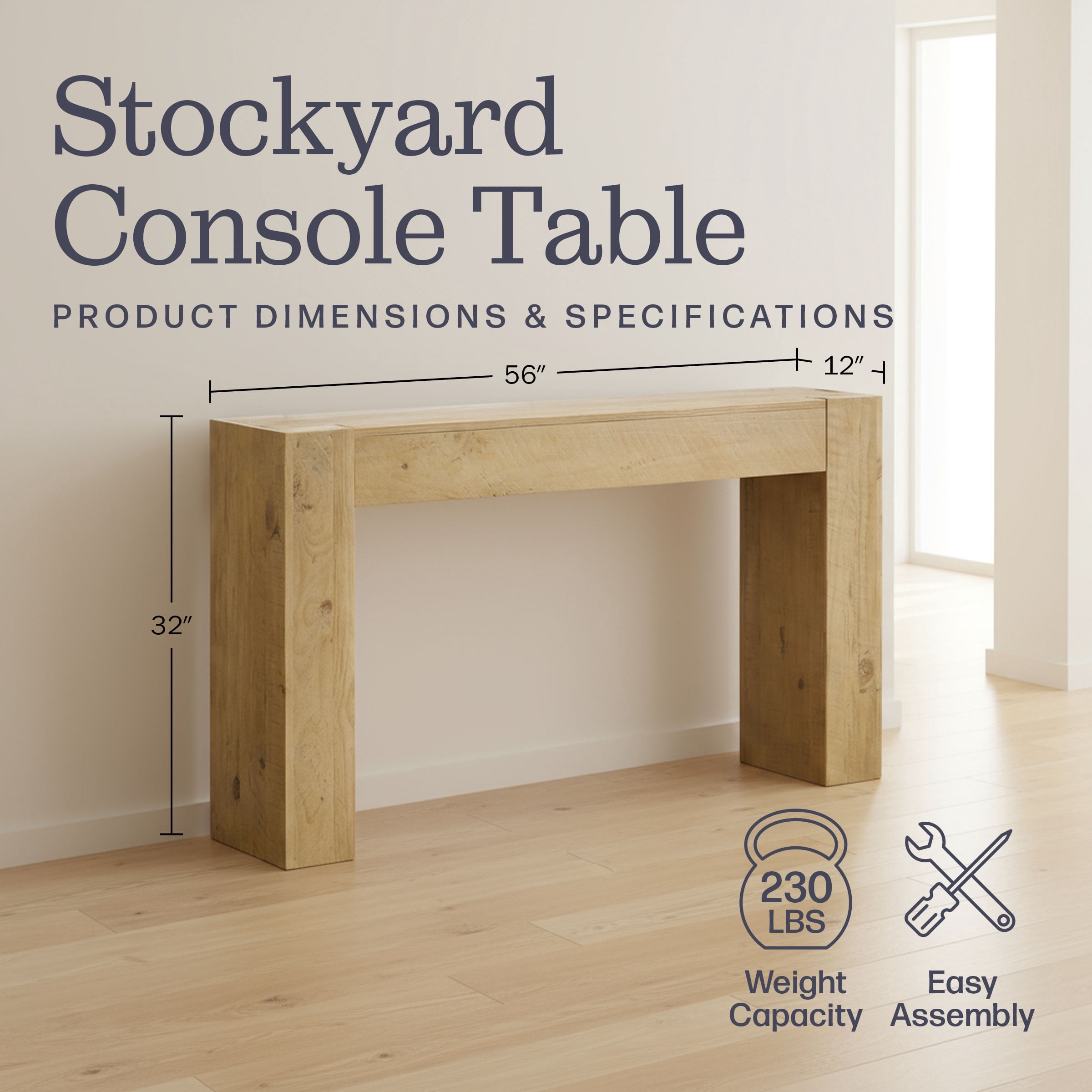 Alaterre Furniture Stockyard Solid Wood Console Table - 56in Modern Farmhouse Entryway Table, Light Oak