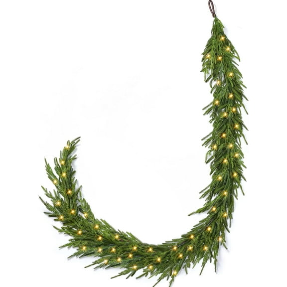 Prelit Real Touch Norfolk Pine Garland Christmas Garlands with 50LED Artificial Faux Greenery Garland for Holiday Indoor Mantle Decor (9FT)