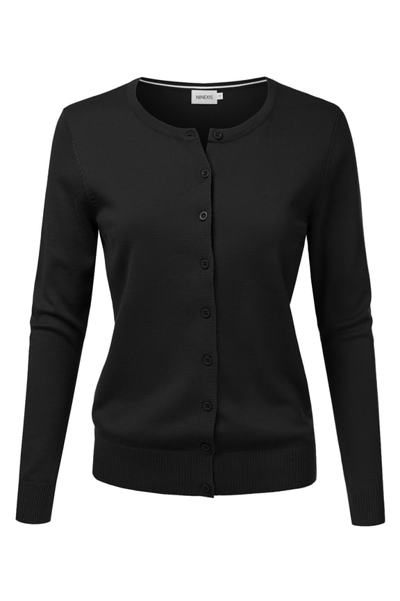Womens Basic Crew Neck Long Sleeve Button Down Cardigan