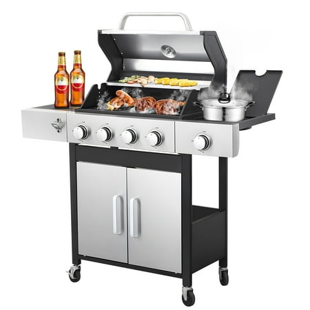 Seizeen 4 Burner Outdoor BBQ Grill with Side Burner, 46,790BTU Propane Gas Grill Stainless Steel, 2-IN-1 Enameled Cast Iron Grid & Frying Plate, High Lid, for Patio and Garden Cooking