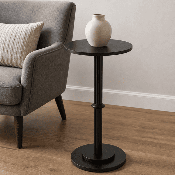 Modern Round End Table with Fluted Design, Small Side Table for Small Spaces, Drink Table, Black