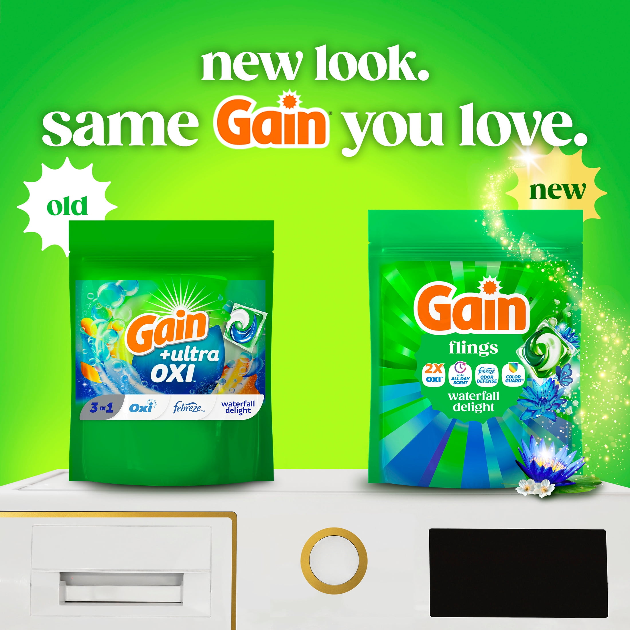 Gain Flings Liquid Washing Detergent Pacs, Now with Odor Defense + Color Guard, Waterfall Delight Scent, 15 Count