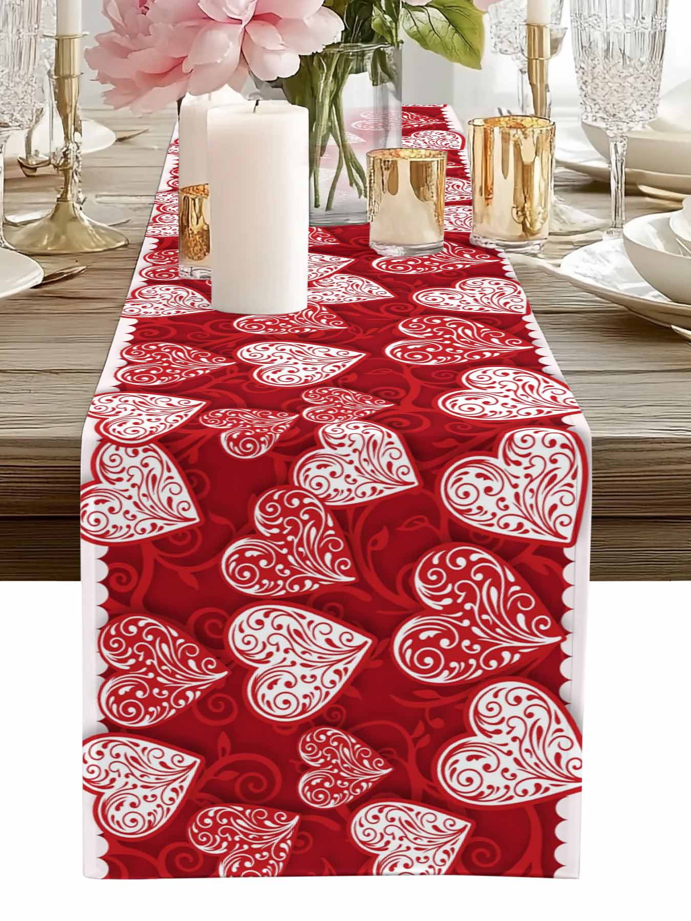 Valentine's Day Table Runner, Abstract Romantic Red White Floral Love Heart Red Washable Cotton-linen Table Runners Dining Kitchen Decoration for Everyday Home Wedding Party Decor, 13 x 120 Inch