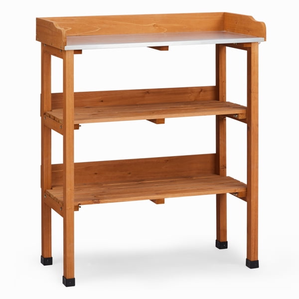 Outdoor Garden Potting Bench Table, Wooden Horticulture Planting Worstation with Metal Tabletop, 2 Storage Shelves, 3 Hooks