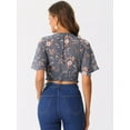 thumbnail image 4 of DARING DIVA Women's Floral Flare V Neck Smocked Crop Tops S Grey Blue, 4 of 6