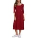 thumbnail image 2 of Vestido de punto waffle Inspire Chic para mujeres, con mangas 3/4, escote cuadrado, midi, talla L, rojo oscuro, 2 of 6