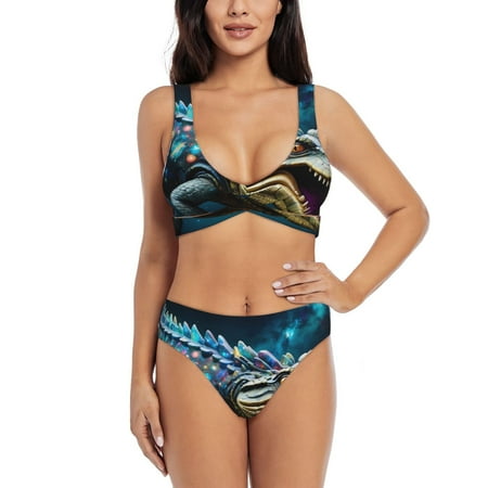 Zeuib Starry Sky Colorful Crocodile High Waisted Tummy Control Bikini Set - Knot Front Push Up Top & Cheeky Thong Bottom  Two-Piece Swimsuit for Women-X-Large