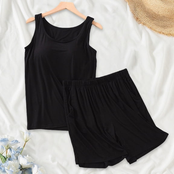 TEVEQ Womens Pajamas Set Casual Sleepwear Soft Pj Sets Tank Top Tank Top with Built In Bra and Shorts Loungewear for Summer,Lounge Sets for Women Summer Casual Summer Loose Strap Chest Pad