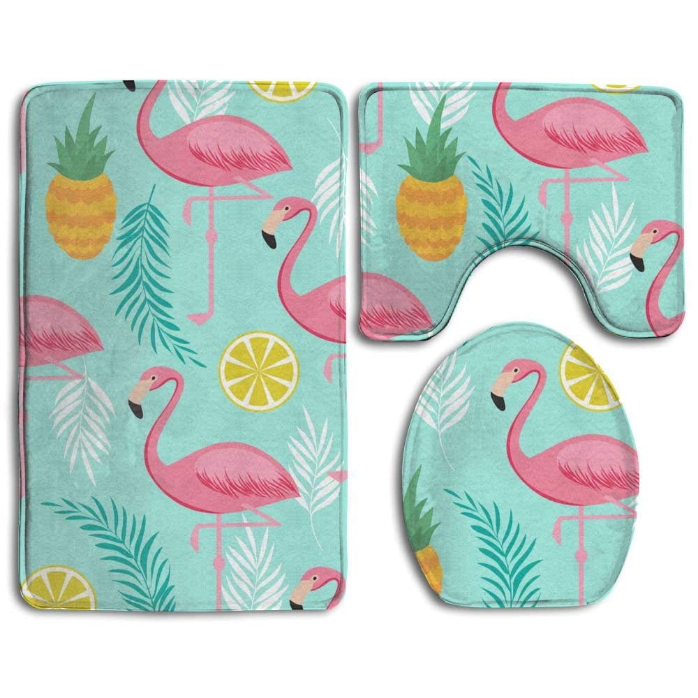 Flamingo and pineapple Bathroom Rug Bath Contour Mat Lid Non Slip Floor Carpet 
