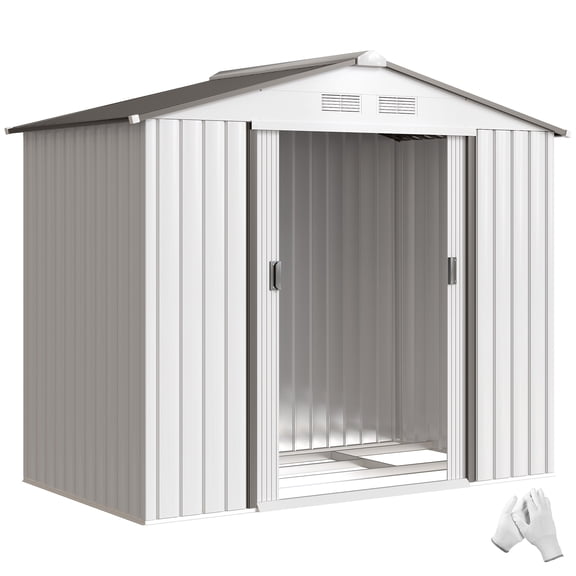 7' x 4' Outdoor Storage Shed, Garden Tool House w/ Foundation Kit Vents & Sliding Doors for Backyard Patio, White
